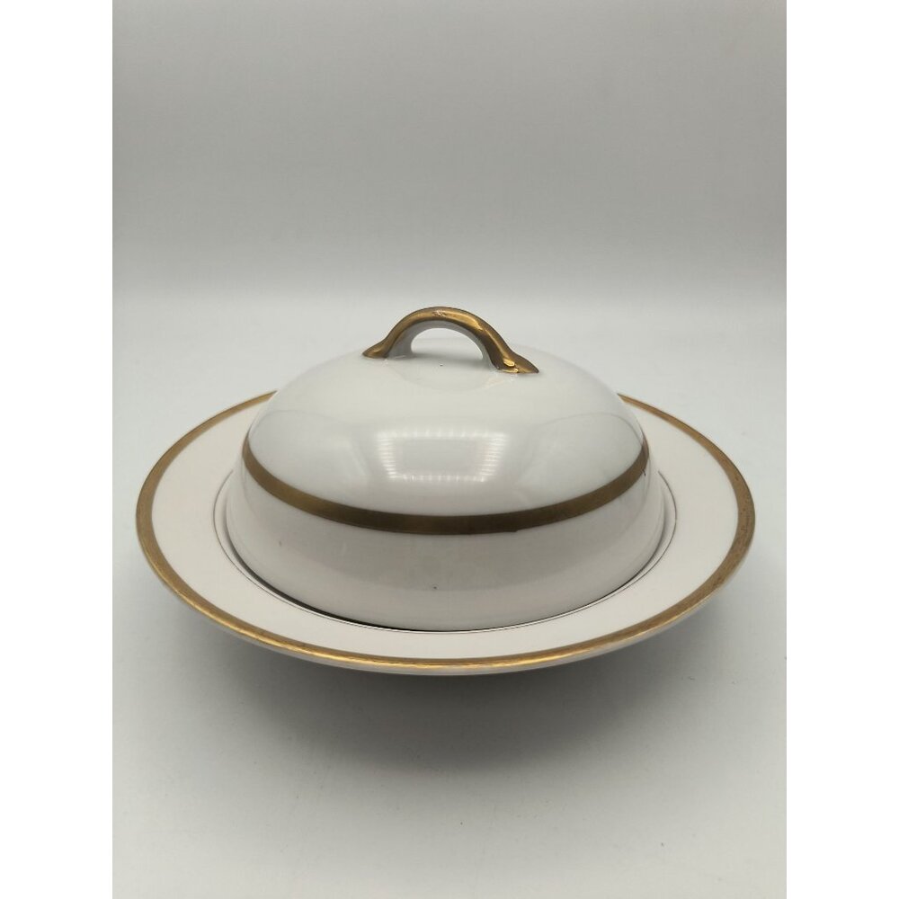 Vintage James China Nippon Gold Trim Ceramic Butter Dish Lid & Draining Plate